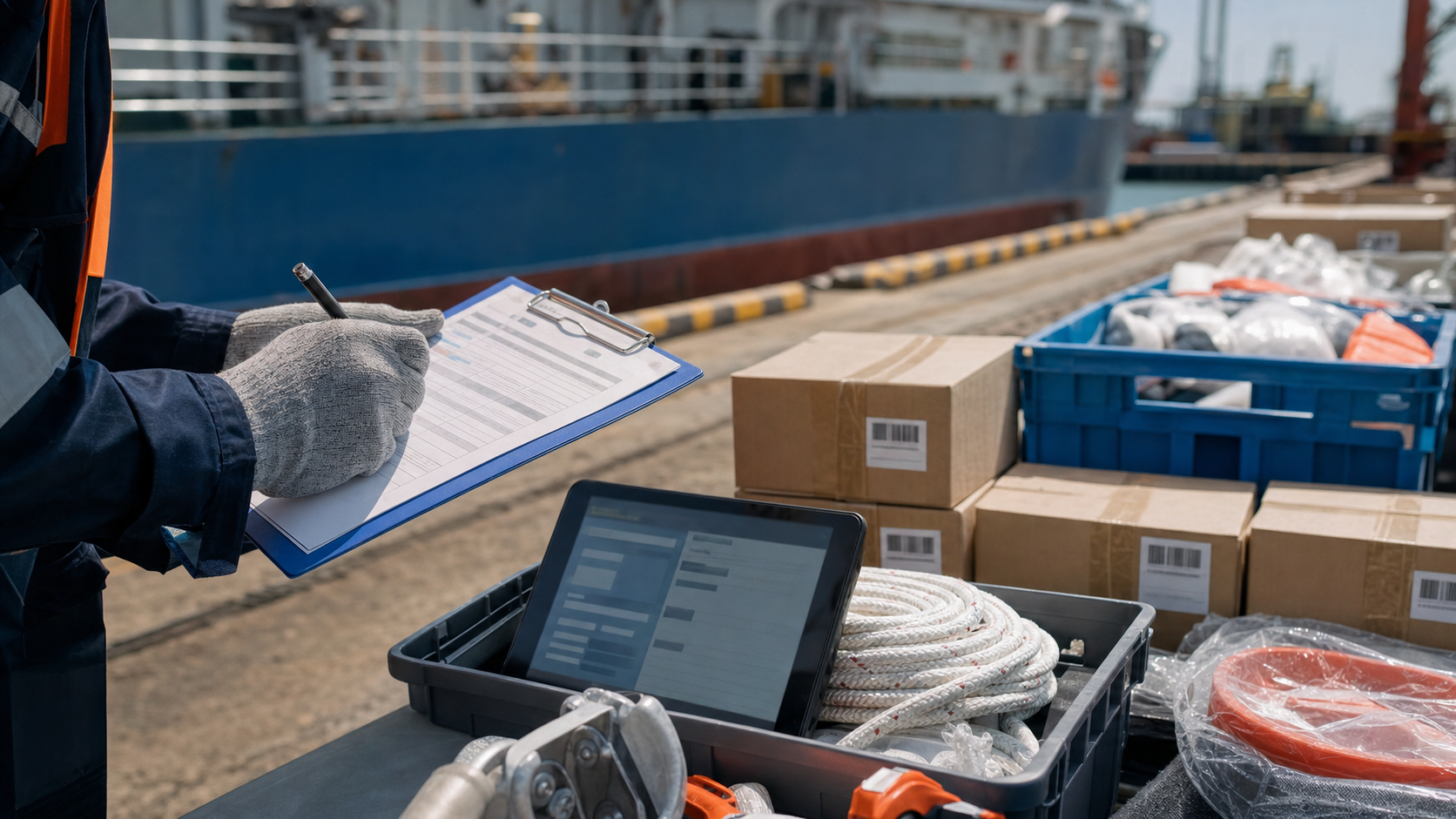 Conceptual image of marine supply checking, documentation and organized cargo before delivery to a vessel.